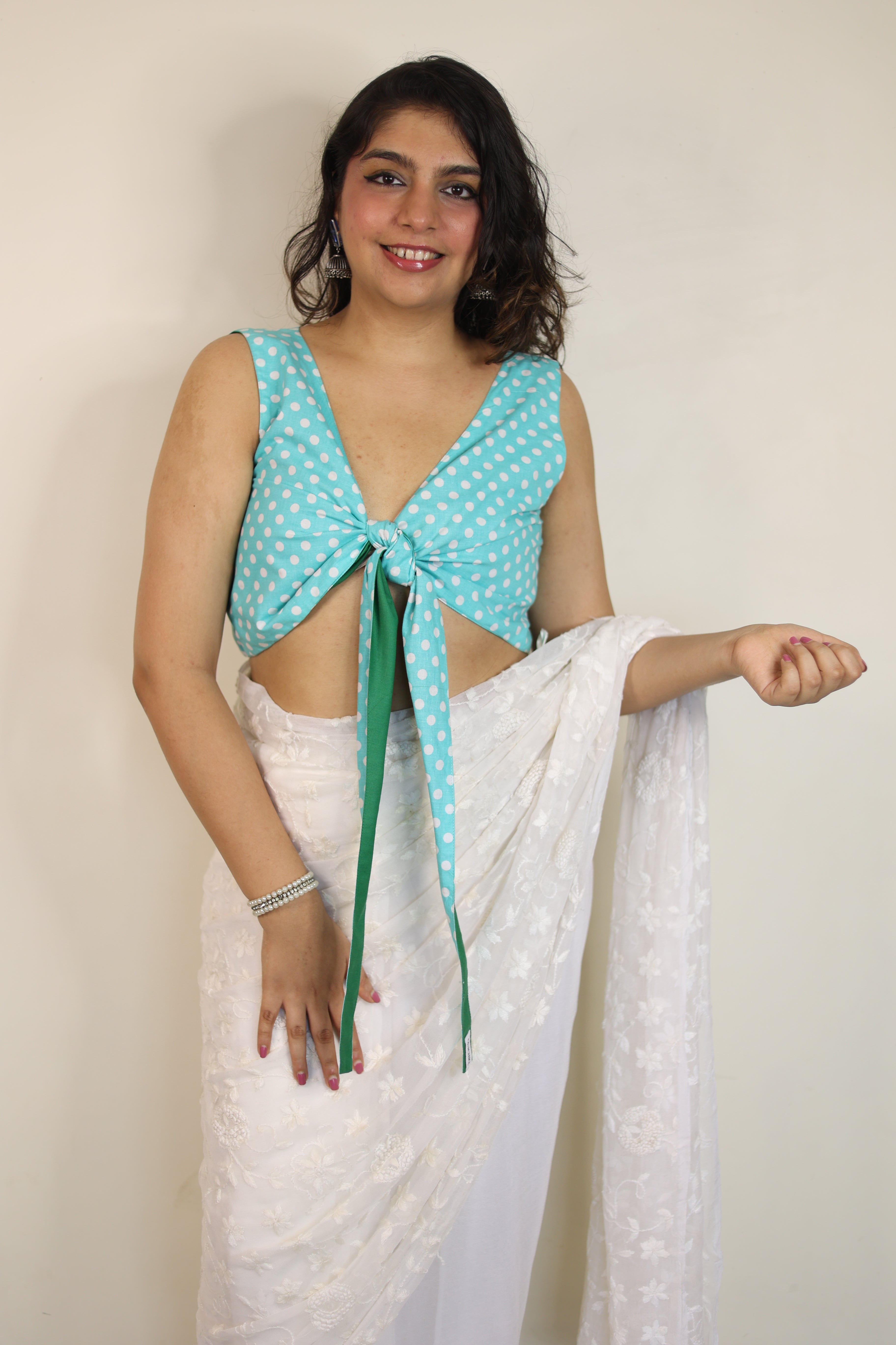 Reverse Duet Top - Blue Polka Dots + Green