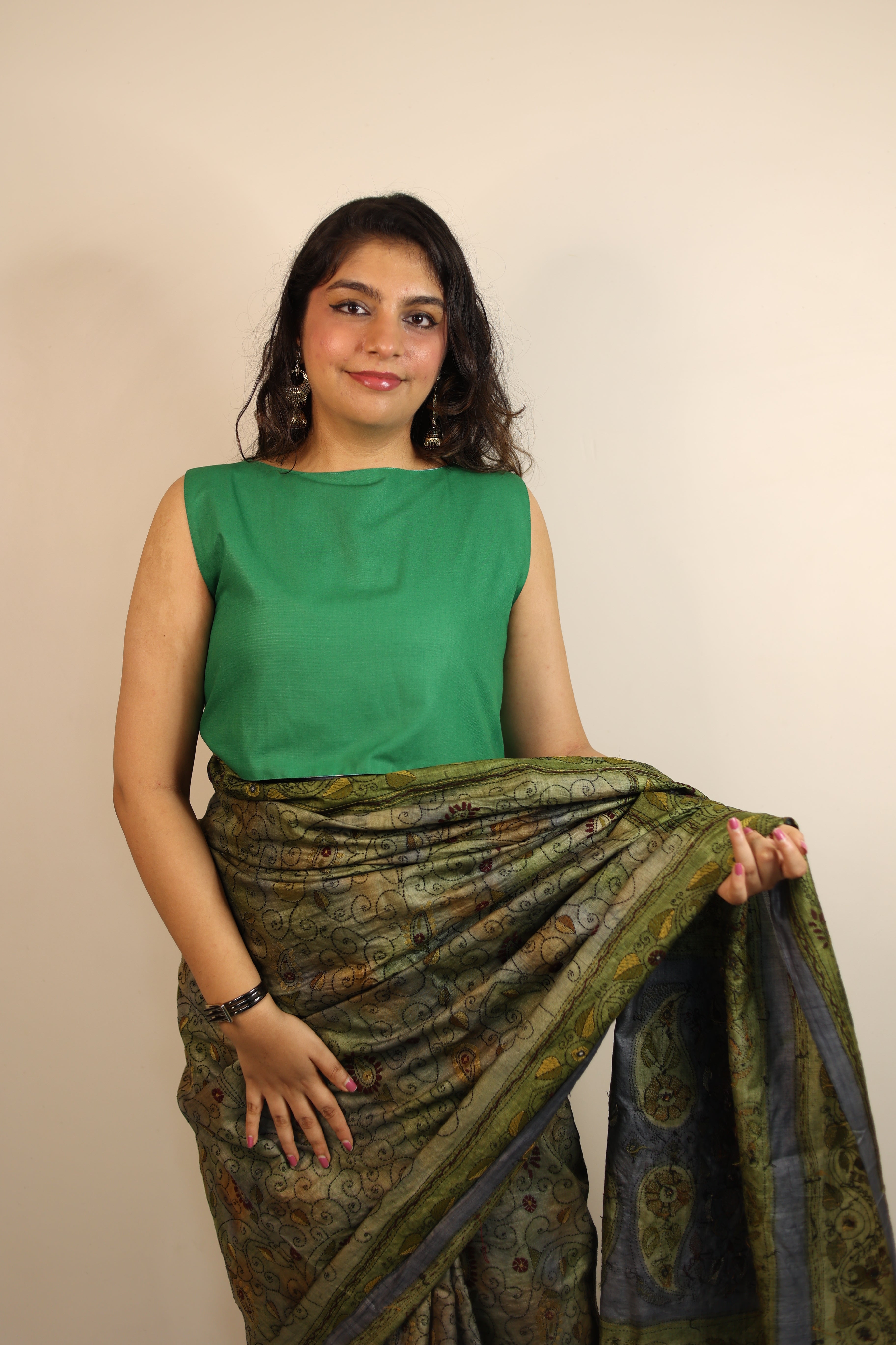 Reverse Duet Top - Blue Polka Dots + Green