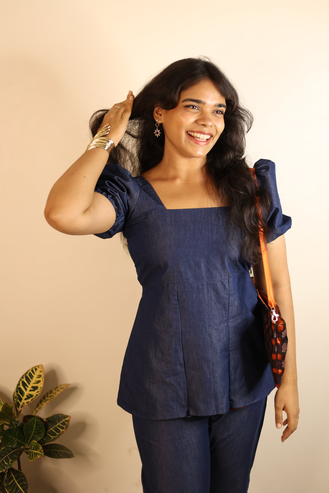 Dark Blue + Red Gamthi Print Denim Surprise