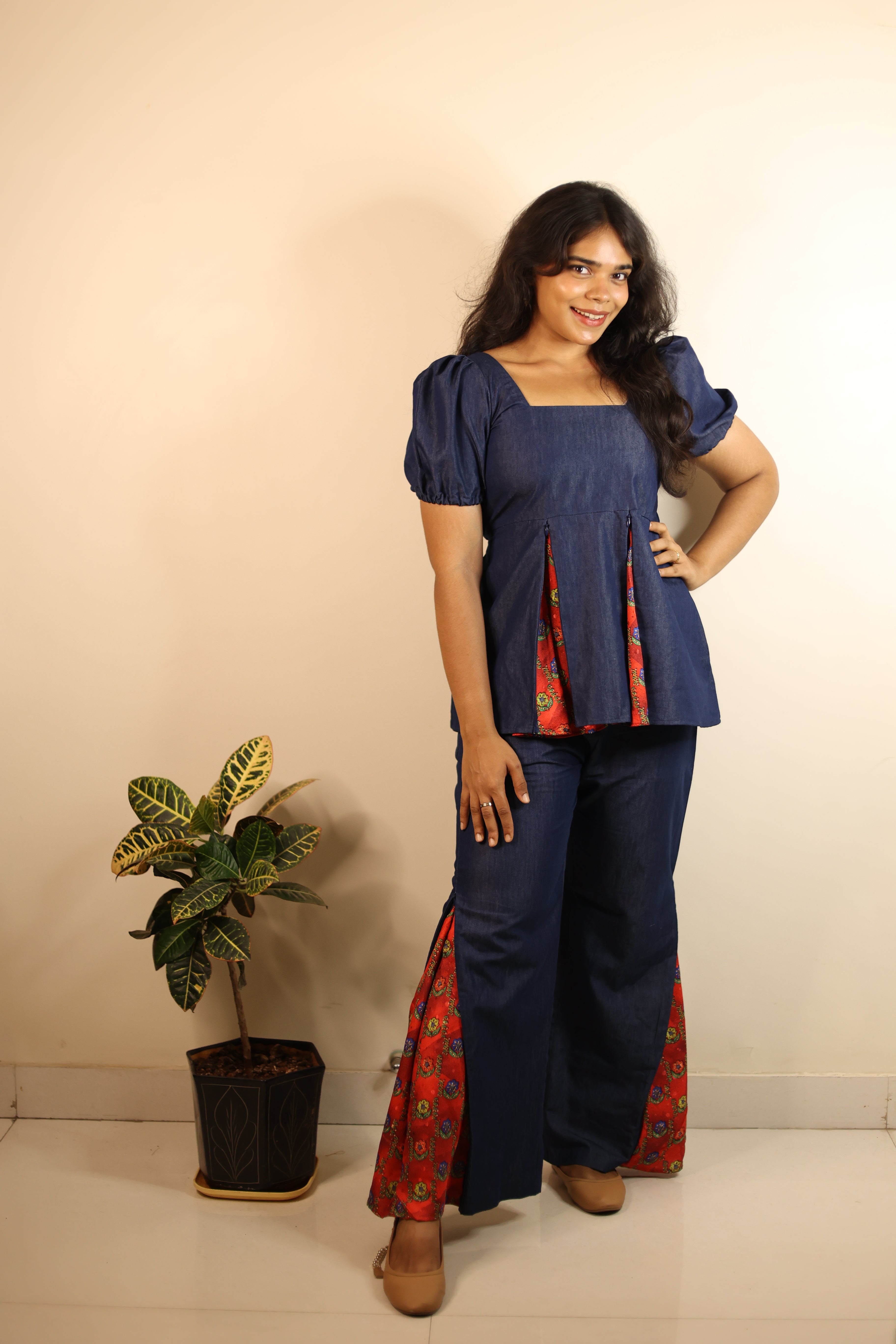 Dark Blue + Red Gamthi Print Denim Surprise