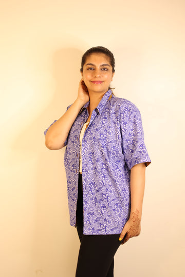 Blue Floral + Brown UniRev Shirt (Half Sleeves)