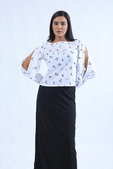 White & Black Love Print Fold-Way Top