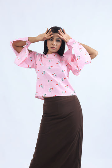Pink Cherry Print  Print Fold-Way Top