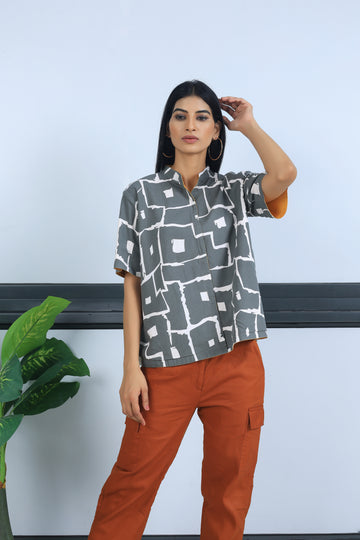 Grey Box Print + Mustard UniRev Shirt (Half Sleeves)