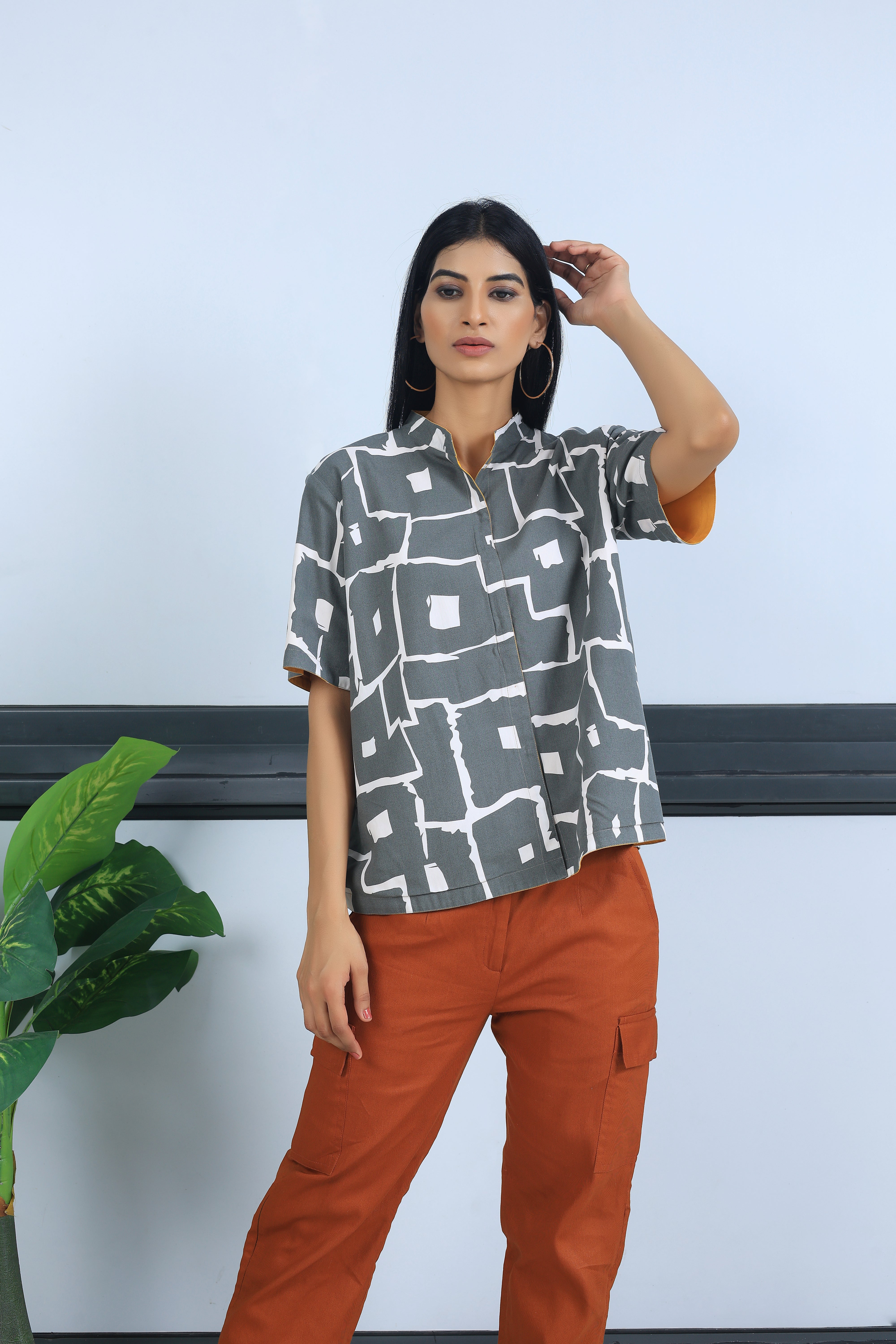 Grey Box Print + Mustard UniRev Shirt (Half Sleeves)