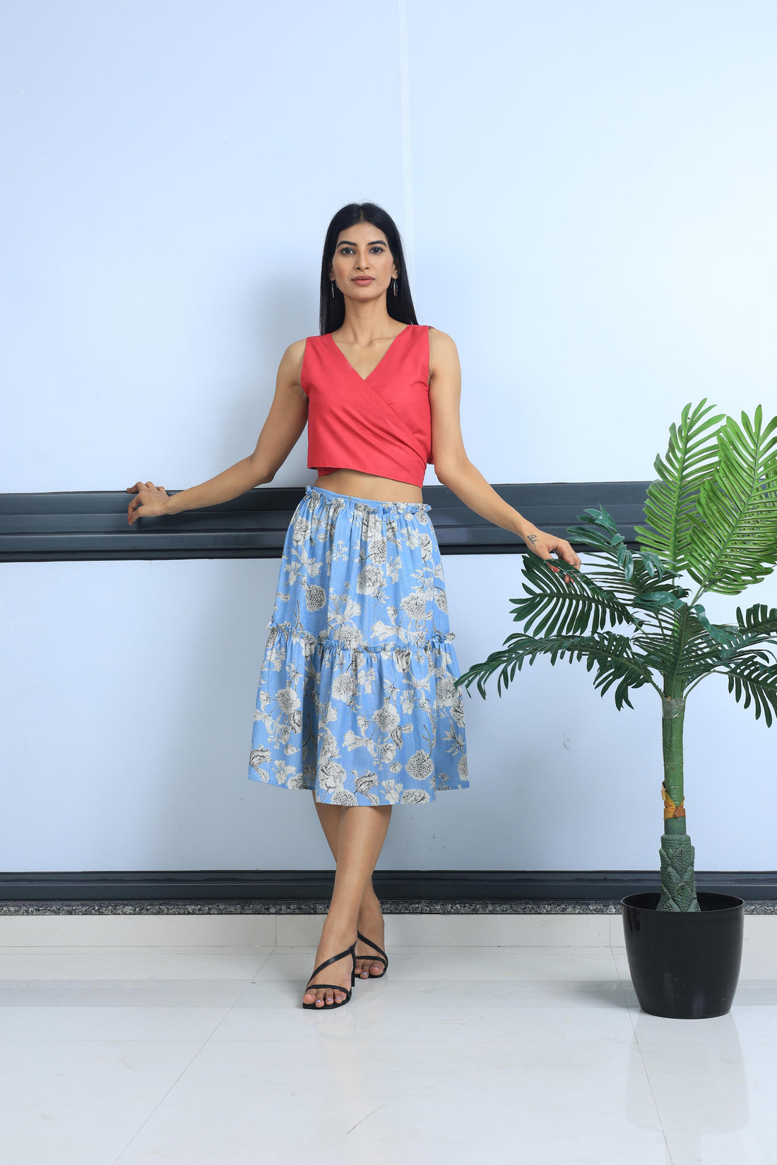 Blue Flower Print Cascada Skirt