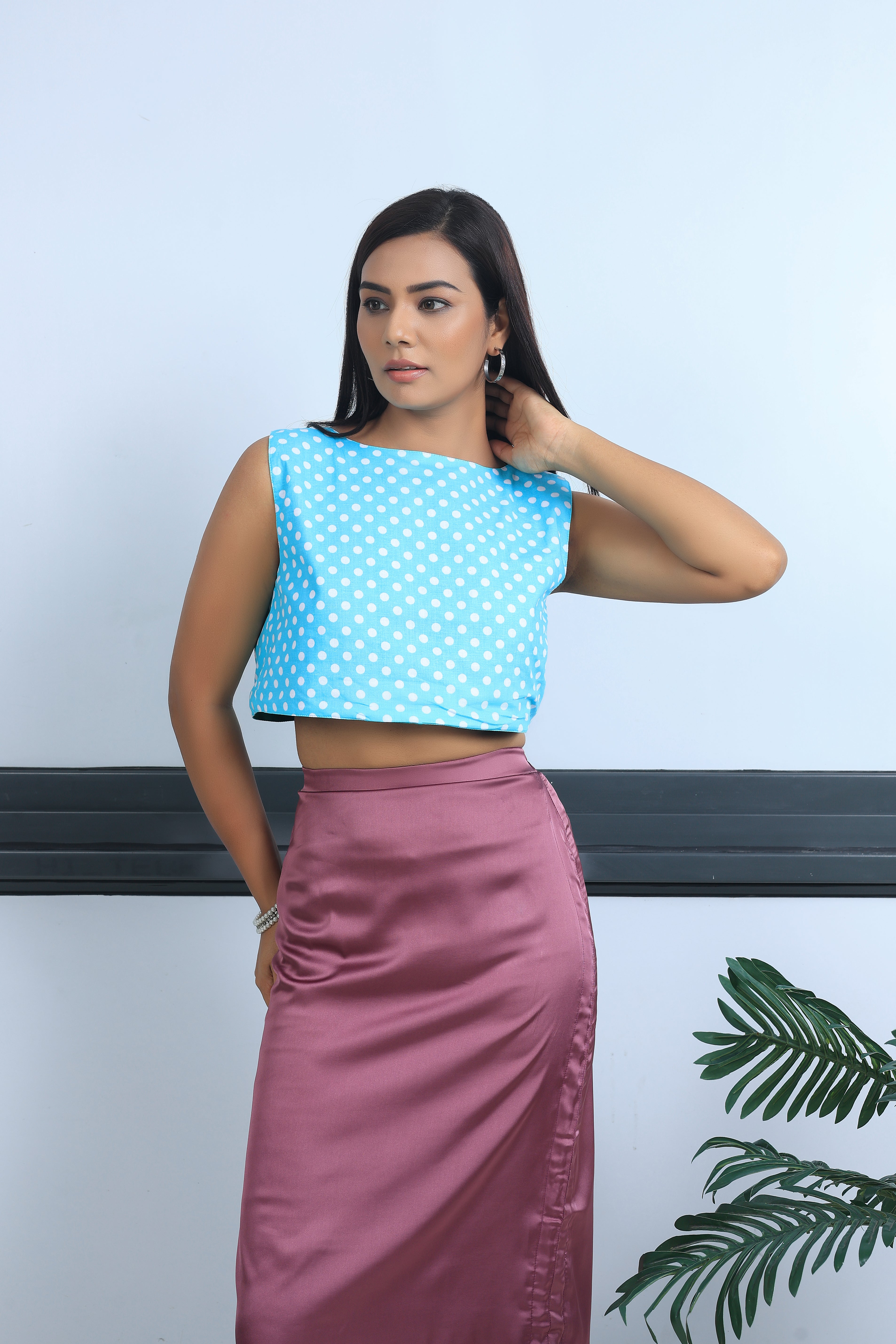 Reverse Duet Top - Blue Polka Dots + Green