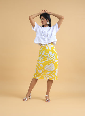 Yellow Leaf Print Triple Threat Skirt- Cotton 3/4