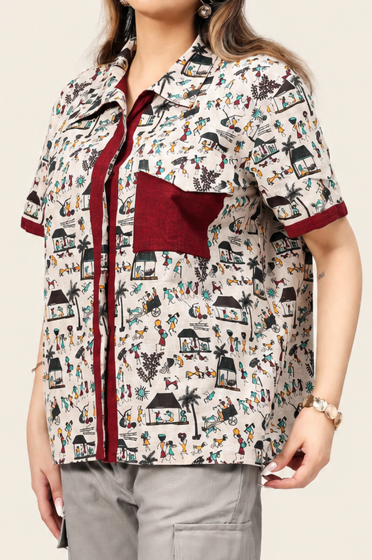 Maroon  + Warli UniRev Shirt (Half Sleeves)