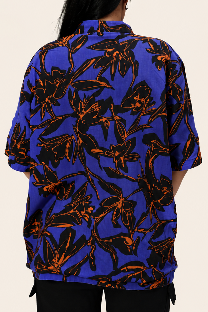 Beige + Blue Orange Flowers  UniRev Shirt (Half Sleeves)