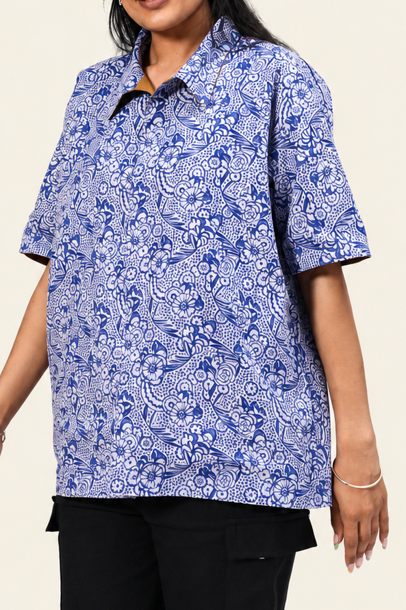 Brown + Blue Floral  UniRev Shirt (Half Sleeves)