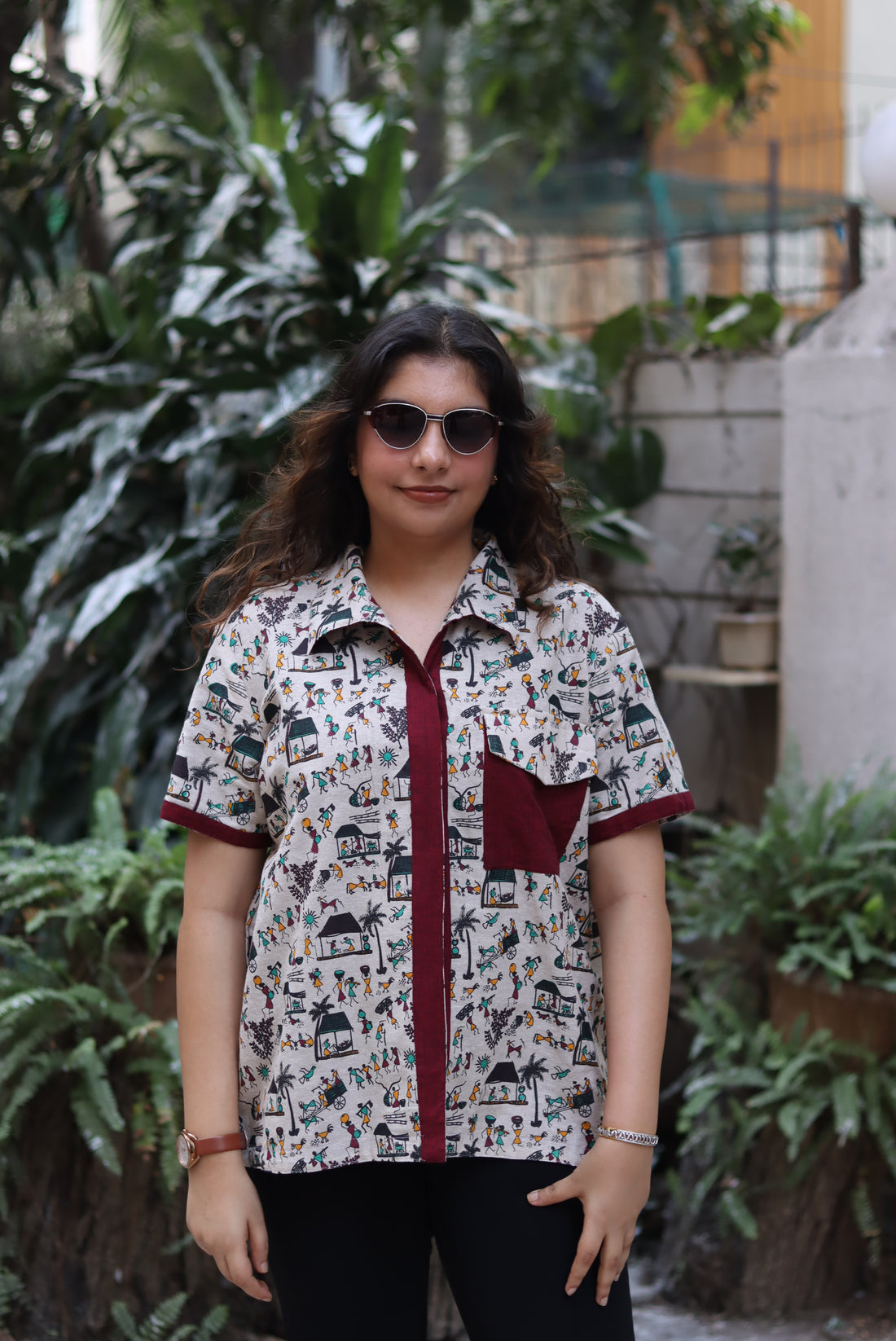 Warli + Maroon UniRev Shirt (Half Sleeves)