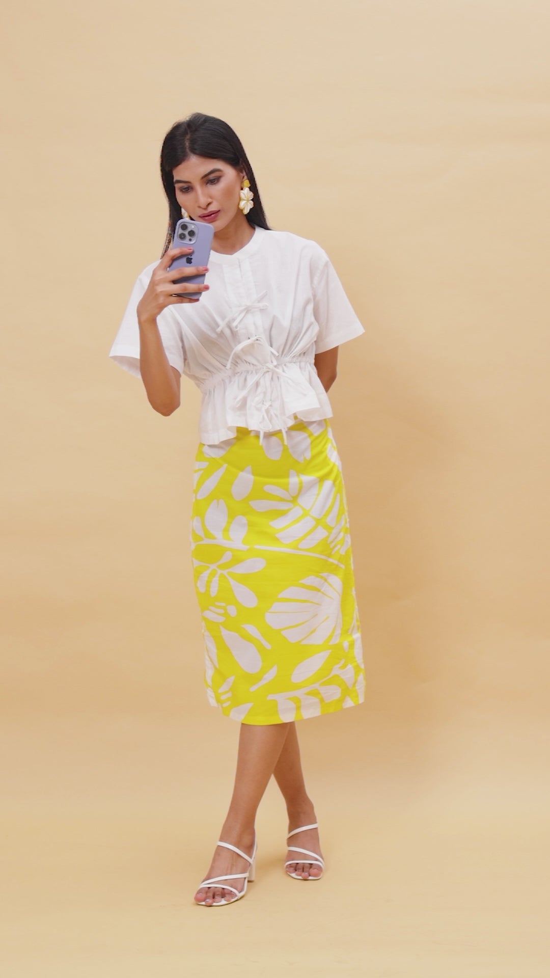 Yellow Leaf Print Triple Threat Skirt- Cotton 3/4