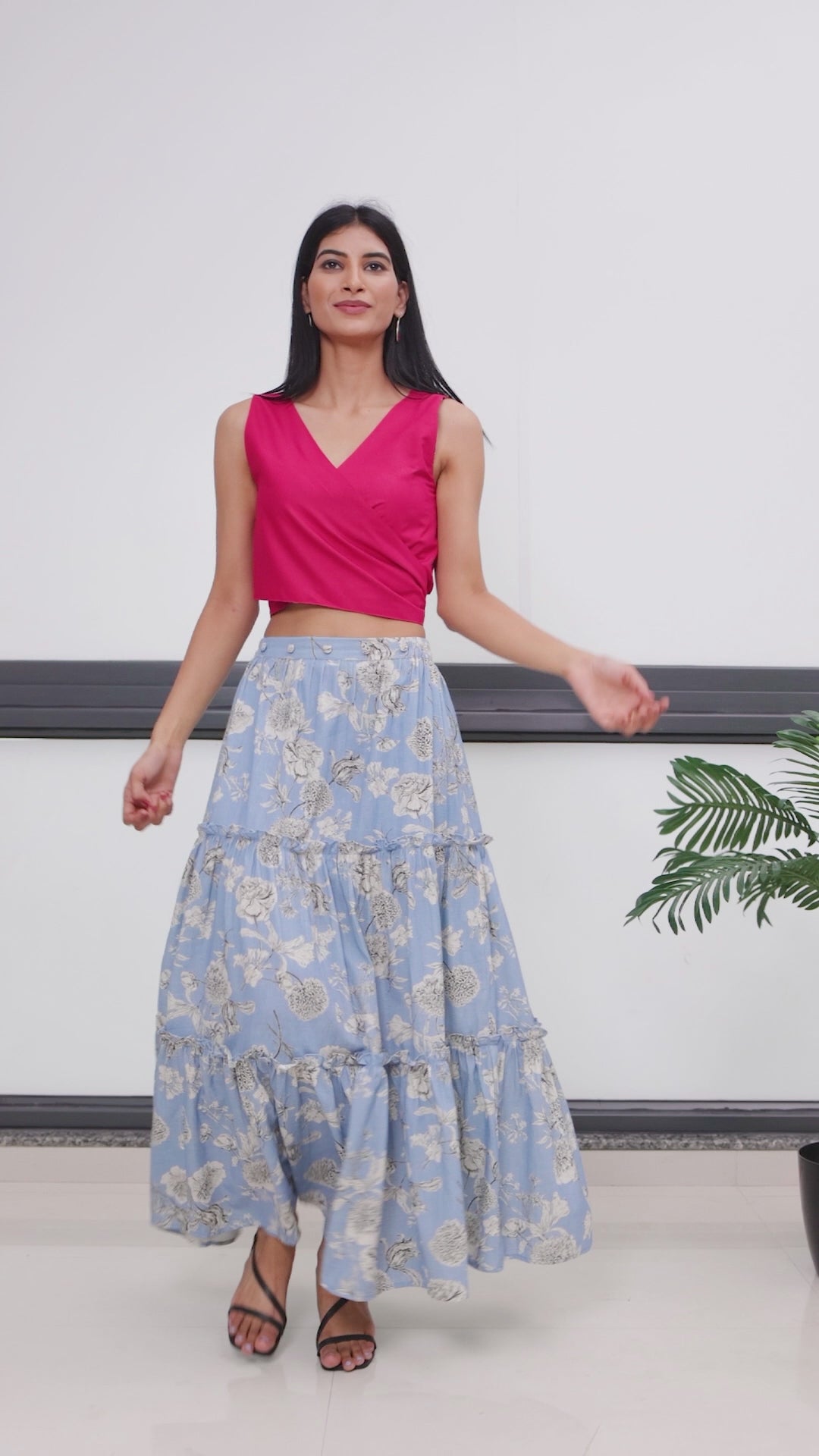 Blue Flower Print Cascada Skirt