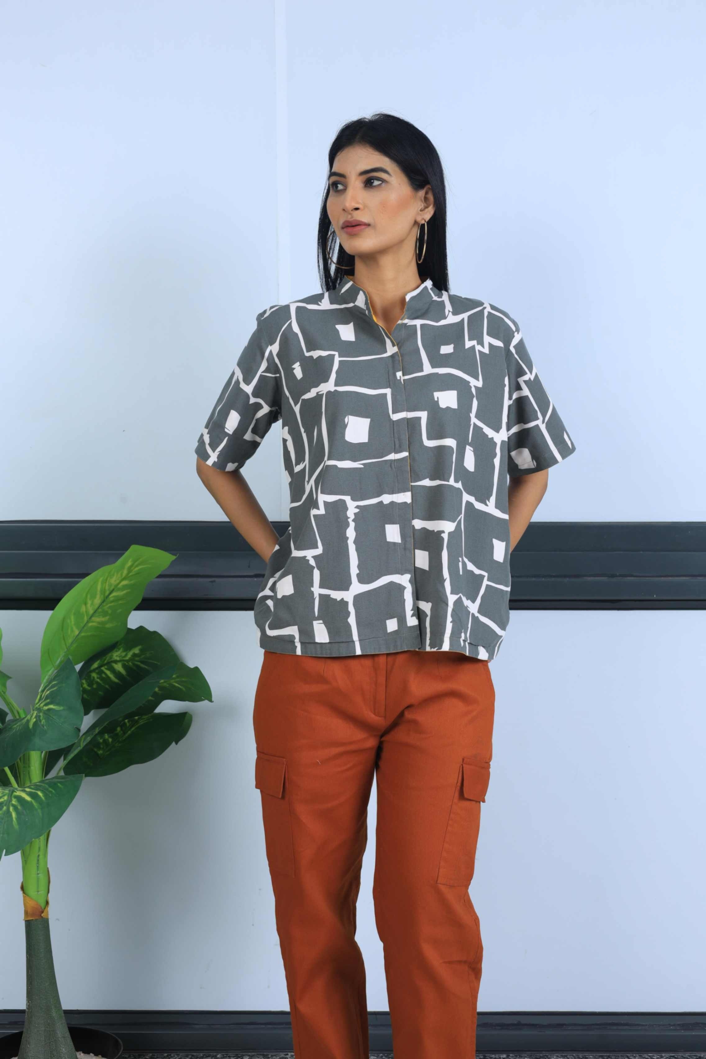 UniRev Shirt - Mustard + Grey Box Print